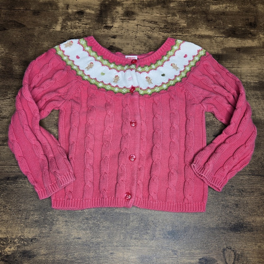 Gymboree '08 Gingerbread Girl Cable Knit Button Sweater Size 4T Pink Embroidered
